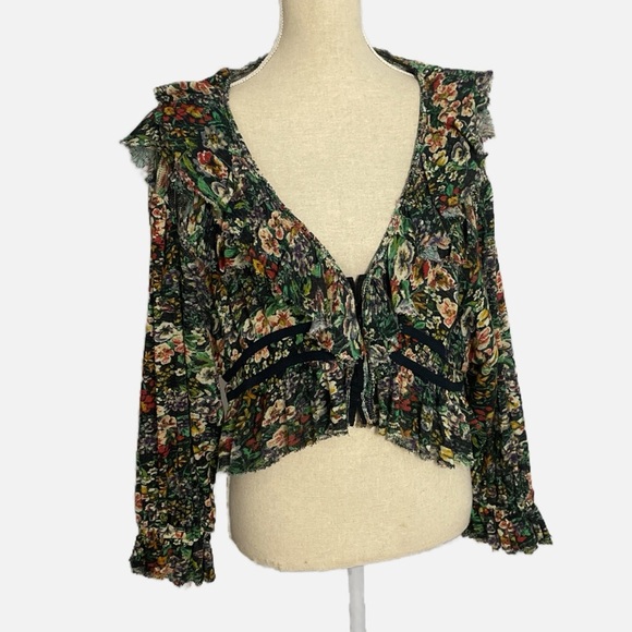 Free People Rudi Ruffle Blouse Top in Night Garden Large Floral Multicolour Crop - Picture 7 of 14